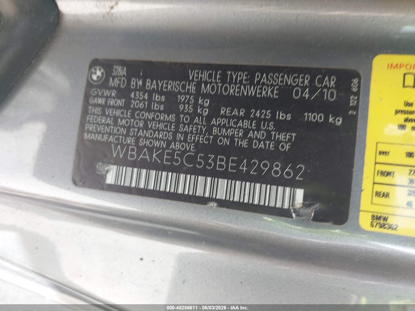 2011 BMW 3 series VIN WBAKE5C53BE429862 IAAI salvage auction — FRONT END, Salvage (Texas), sold $475 on 2026-07-10 (photo 9)