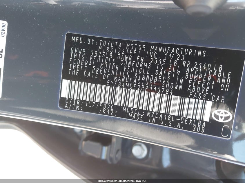 2024 Toyota Corolla VIN 5YFB4MDE2RP113784 IAAI salvage auction — RIGHT REAR, Salvage Title, sold $4,150 on 2026-07-14 (photo 9)