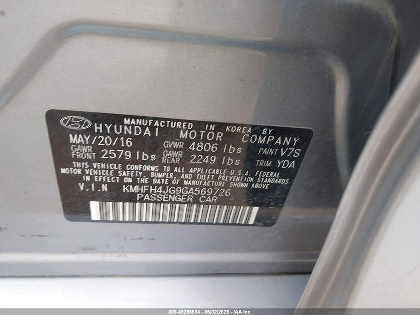 2016 Hyundai Azera VIN KMHFH4JG9GA569726 IAAI salvage auction — REAR END, Clear (Oklahoma), sold $3,150 on 2026-07-16 (photo 9)