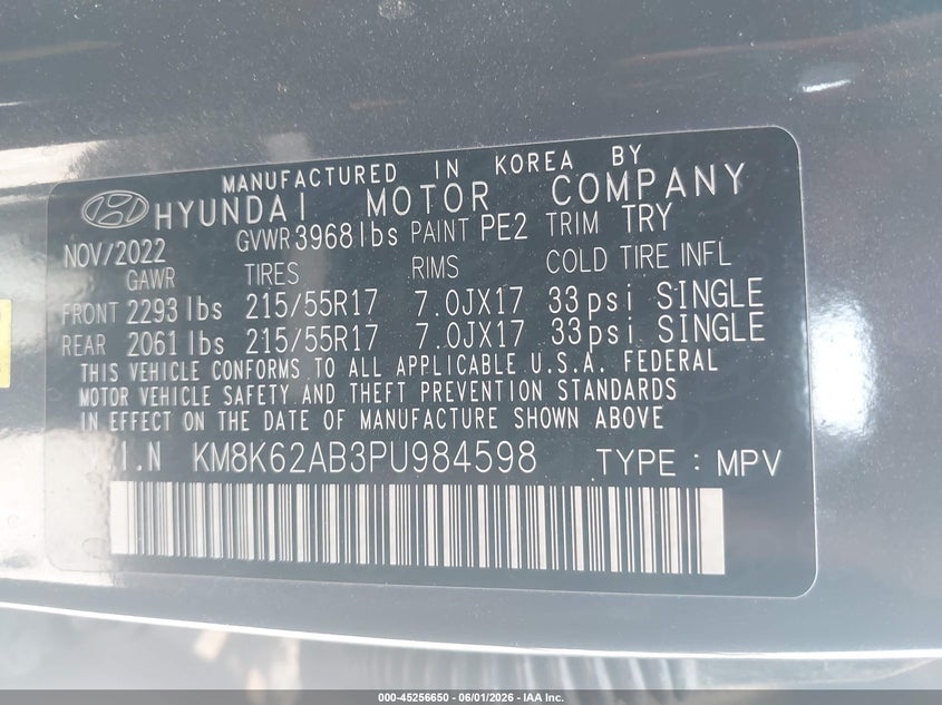 2023 Hyundai Kona VIN KM8K62AB3PU984598 IAAI salvage auction — FRONT END, Salvage Title, sold $2,125 on 2026-07-22 (photo 9)