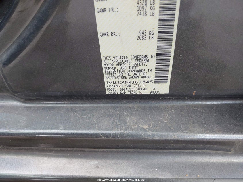 2022 Nissan Altima VIN 1N4BL4CV3NN367845 IAAI salvage auction — HAIL, Original (Texas), sold $7,400 on 2026-07-28 (photo 9)
