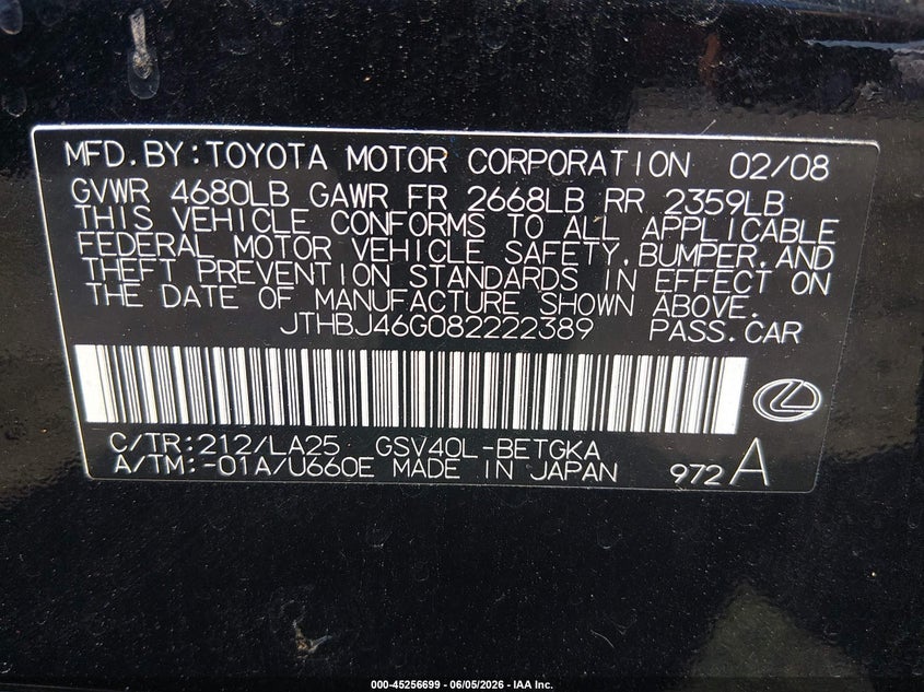 2008 Lexus ES VIN JTHBJ46G082222389 IAAI salvage auction — LEFT SIDE, Salvage (South Carolina), sold $1,375 on 2026-07-08 (photo 9)