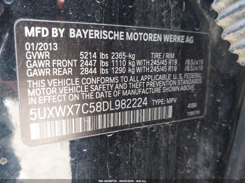 2013 BMW X3 VIN 5UXWX7C58DL982224 IAAI salvage auction — LEFT SIDE, Salvage Title, sold $1,775 on 2026-07-13 (photo 9)