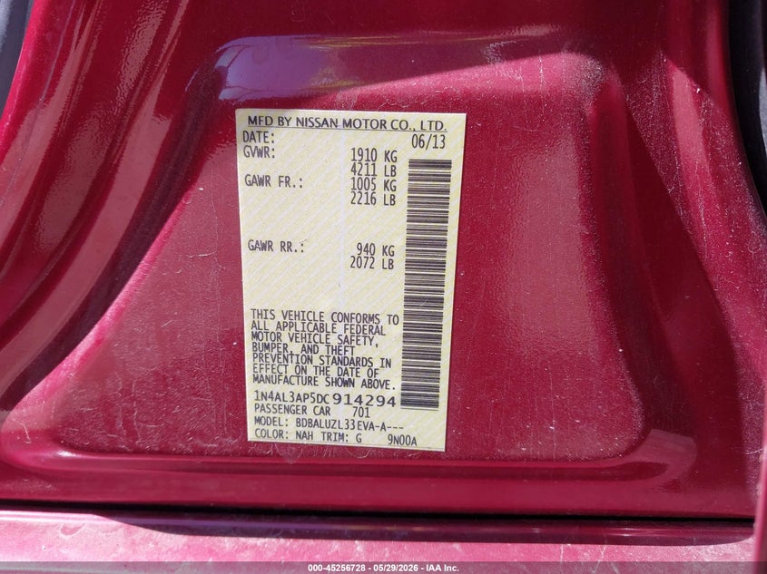 2013 Nissan Altima VIN 1N4AL3AP5DC914294 IAAI salvage auction — REAR END, Salvage Title, sold $600 on 2026-07-12 (photo 9)