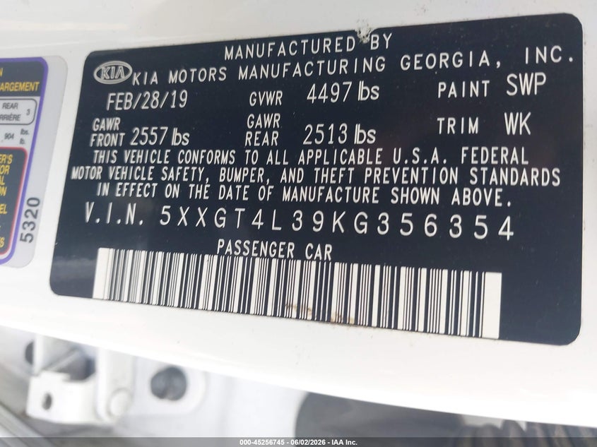 2019 Kia Optima VIN 5XXGT4L39KG356354 IAAI salvage auction — FRONT END, Salvage (Georgia), sold $525 on 2026-07-22 (photo 9)