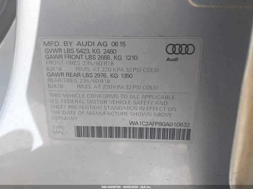 2016 Audi Q5 VIN WA1C2AFP8GA010632 IAAI salvage auction — FRONT END, Salvage (Rhode Island), sold $900 on 2026-07-28 (photo 9)