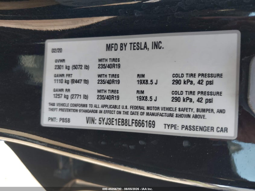 2020 Tesla Model 3 VIN 5YJ3E1EB8LF666169 IAAI salvage auction — LEFT SIDE, Salvage Title, sold $6,950 on 2026-07-16 (photo 9)