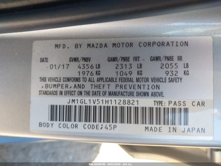 2017 Mazda 6 VIN JM1GL1V51H1128821 IAAI salvage auction — FRONT END, Salvage Title, sold $300 on 2026-07-22 (photo 9)