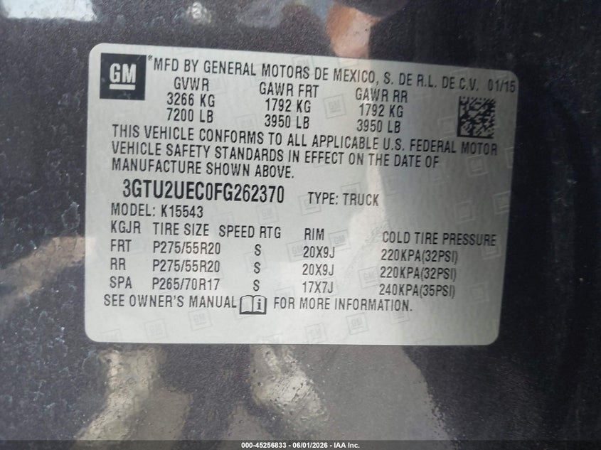 2015 Gmc SIERRA VIN 3GTU2UEC0FG262370 IAAI salvage auction — SIDE, Salvage Title, sold $4,050 on 2026-07-10 (photo 9)