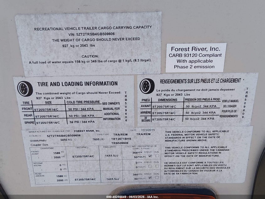 2016 Tracer Other VIN 5ZT2TRSB4GB509606 IAAI salvage auction — WATER/FLOOD, Salvage (North Carolina), sold $2,750 on 2026-07-22 (photo 9)