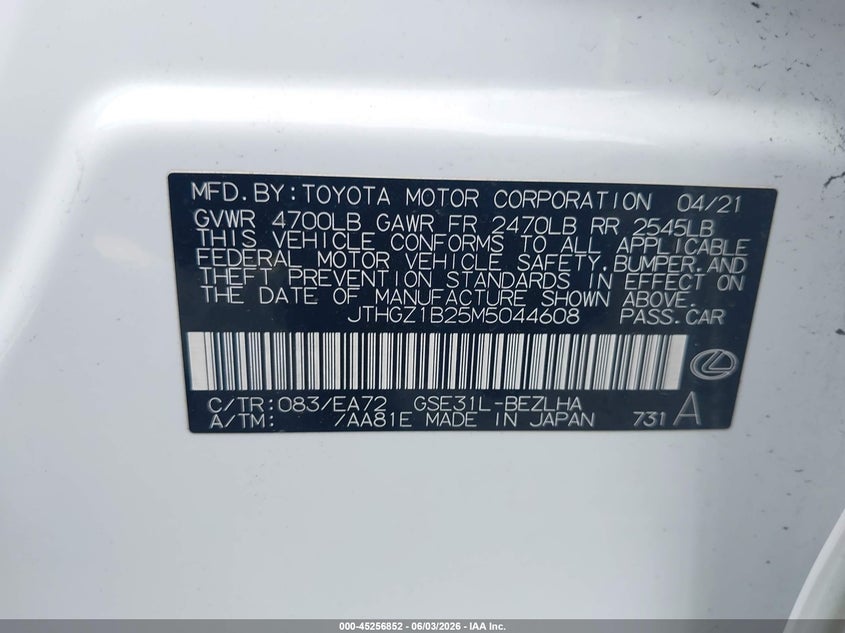 2021 Lexus Is VIN JTHGZ1B25M5044608 IAAI salvage auction — WATER/FLOOD, Salvage Title, sold $23,800 on 2026-07-16 (photo 9)