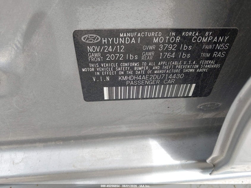 2013 Hyundai Elantra VIN KMHDH4AE2DU714430 IAAI salvage auction — THEFT, Salvage Title, sold $500 on 2026-07-28 (photo 9)