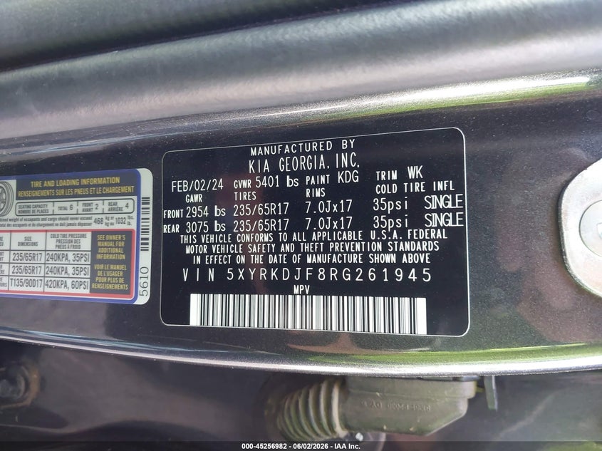2024 Kia Sorento VIN 5XYRKDJF8RG261945 IAAI salvage auction — FRONT END, Salvage Title, sold $14,000 on 2026-08-29 (photo 9)
