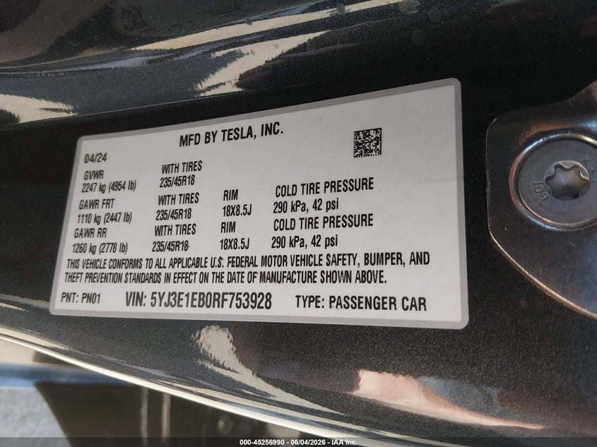 2024 Tesla Model 3 VIN 5YJ3E1EB0RF753928 IAAI salvage auction — RIGHT FRONT, Salvage Title, sold $17,750 on 2026-07-08 (photo 9)