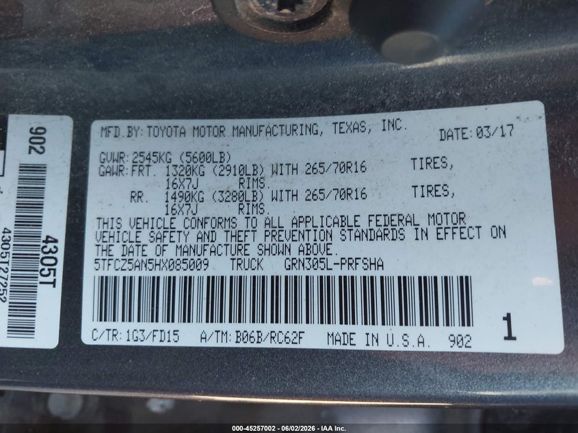 2017 Toyota Tacoma VIN 5TFCZ5AN5HX085009 IAAI salvage auction — LEFT FRONT, Salvage Title, sold $7,600 on 2026-07-18 (photo 9)