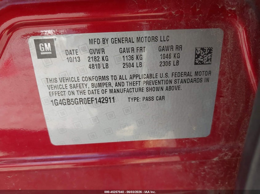 2014 Buick Lacrosse VIN 1G4GB5GR0EF142911 IAAI salvage auction — FRONT END, Clear (Michigan), sold $2,475 on 2026-08-02 (photo 9)