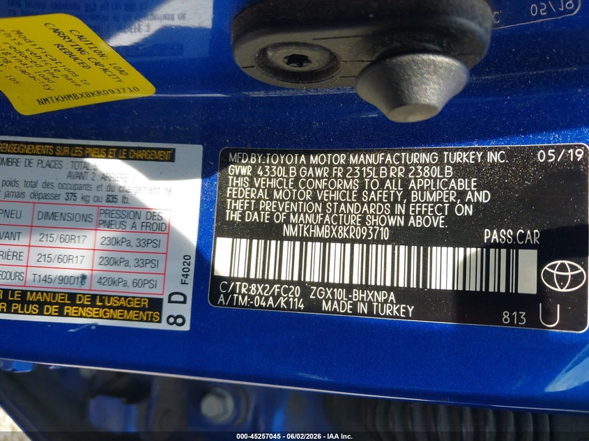 2019 Toyota C-hr VIN NMTKHMBX8KR093710 IAAI salvage auction — FRONT END, Salvage (South Carolina), sold $1,800 on 2026-07-22 (photo 9)