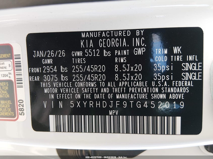 2026 Kia Sorento VIN 5XYRHDJF9TG452019 IAAI salvage auction — RIGHT SIDE, Salvage Title, sold $14,200 on 2026-07-21 (photo 9)