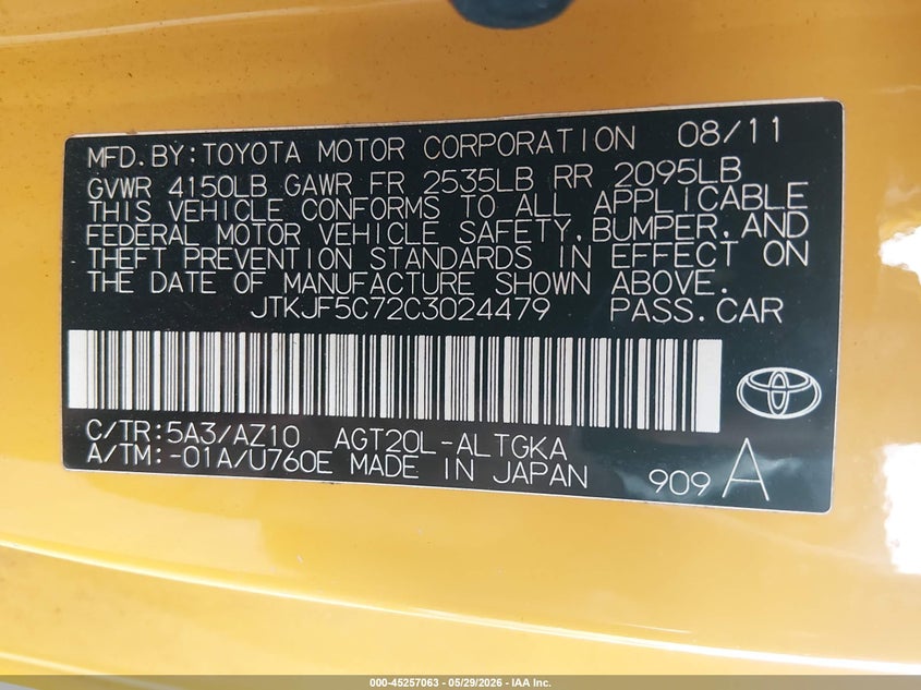 2012 Scion Tc VIN JTKJF5C72C3024479 IAAI salvage auction — NORMAL WEAR, Clear (Arkansas), sold $400 on 2026-07-08 (photo 9)