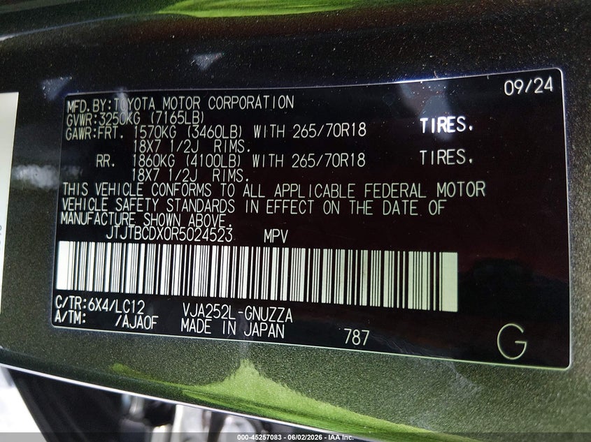 2024 Lexus Gx VIN JTJTBCDX0R5024523 IAAI salvage auction — LEFT FRONT, Salvage Title, sold $40,500 on 2026-08-24 (photo 9)