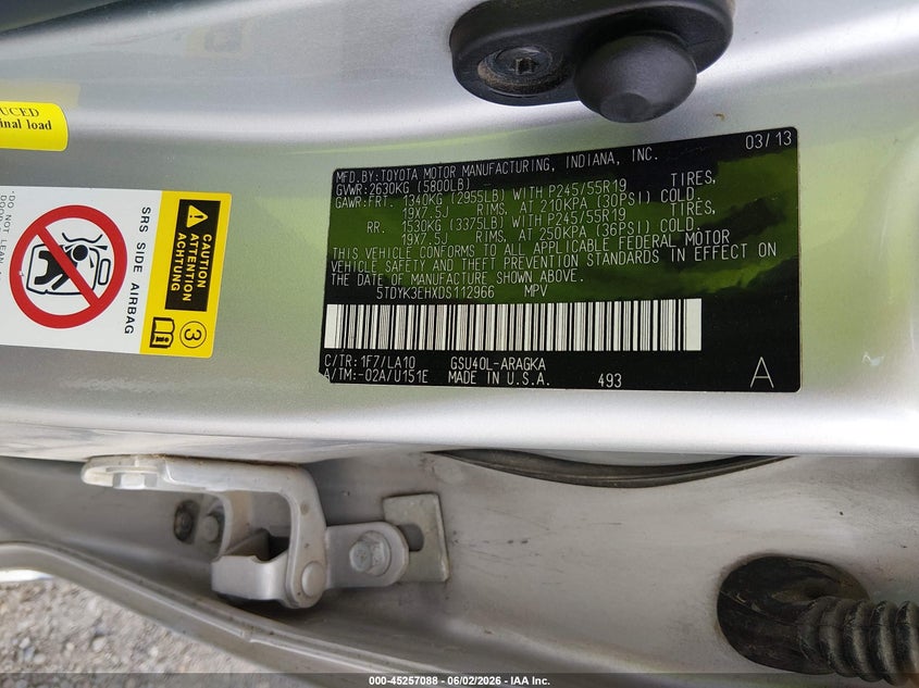 2013 Toyota Highlander VIN 5TDYK3EHXDS112966 IAAI salvage auction — WATER/FLOOD, Salvage Title, sold $1,050 on 2026-07-29 (photo 9)
