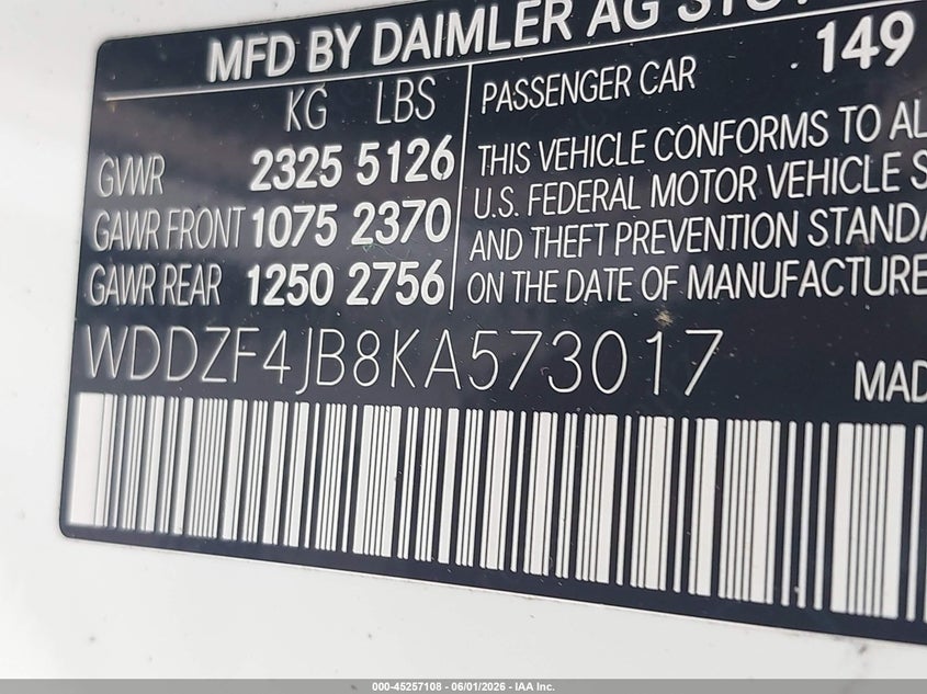2019 Mercedes-benz E-klasse VIN WDDZF4JB8KA573017 IAAI salvage auction — REAR END, Original (Texas), sold $9,100 on 2026-08-06 (photo 9)
