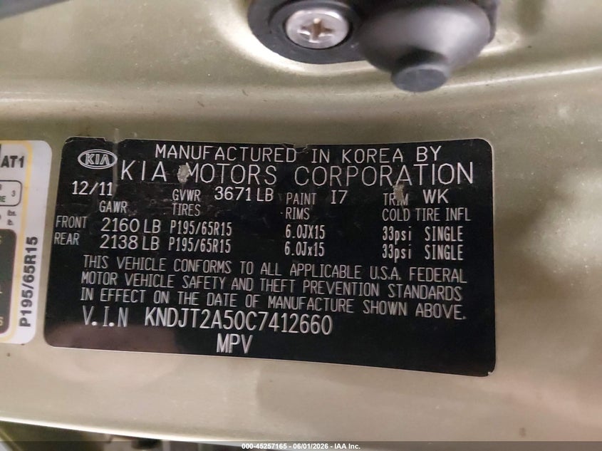 2012 Kia Soul VIN KNDJT2A50C7412660 IAAI salvage auction — REAR END, Salvage Title, sold $900 on 2026-07-07 (photo 9)