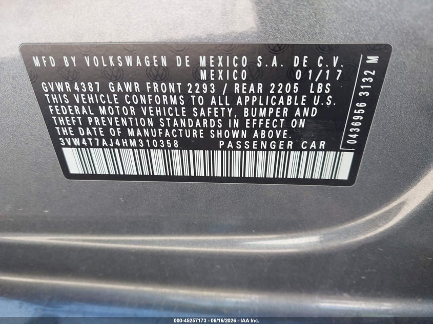 2017 Volkswagen Jetta VIN 3VW4T7AJ4HM310358 IAAI salvage auction — RIGHT FRONT, Salvage (Idaho), sold $2,850 on 2026-07-12 (photo 9)