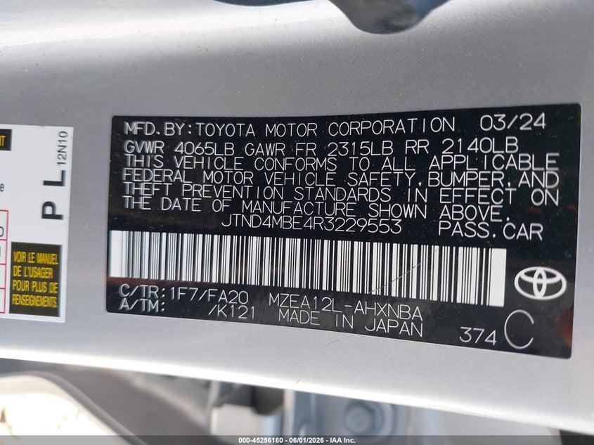 2024 Toyota Corolla VIN JTND4MBE4R3229553 IAAI salvage auction — HAIL, Salvage (Missouri), sold $9,200 on 2026-07-30 (photo 9)
