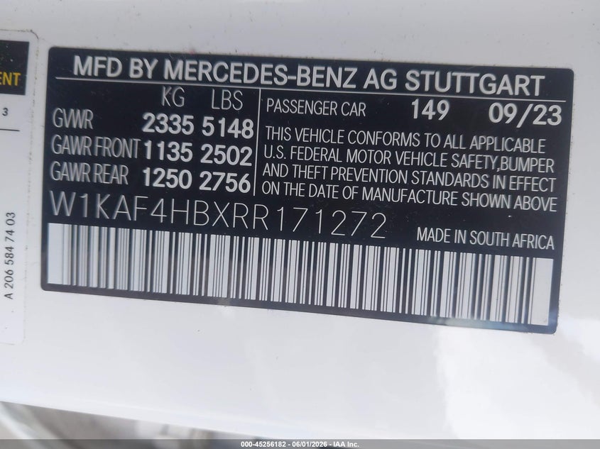 2024 Mercedes-benz C-klasse VIN W1KAF4HBXRR171272 IAAI salvage auction — FRONT END, Salvage Title, sold $20,000 on 2026-07-29 (photo 9)