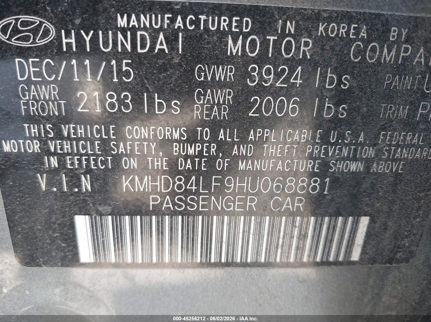 2017 Hyundai Elantra VIN KMHD84LF9HU068881 IAAI salvage auction — REAR END, Salvage Title, sold $1,875 on 2026-07-13 (photo 9)