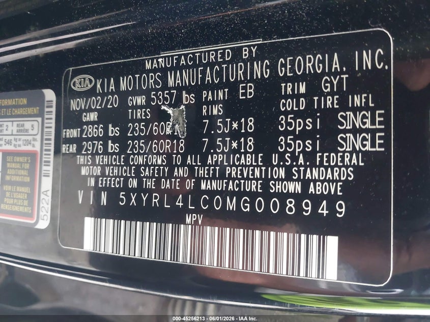 2021 Kia Sorento VIN 5XYRL4LC0MG008949 IAAI salvage auction — REAR END, Salvage Title, sold $9,000 on 2026-07-15 (photo 9)