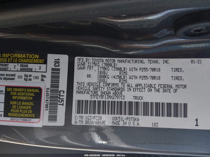 2021 Toyota Tundra VIN 5TFEY5F13MX279713 IAAI salvage auction — FRONT END, Salvage Title, sold $15,050 on 2026-07-28 (photo 9)