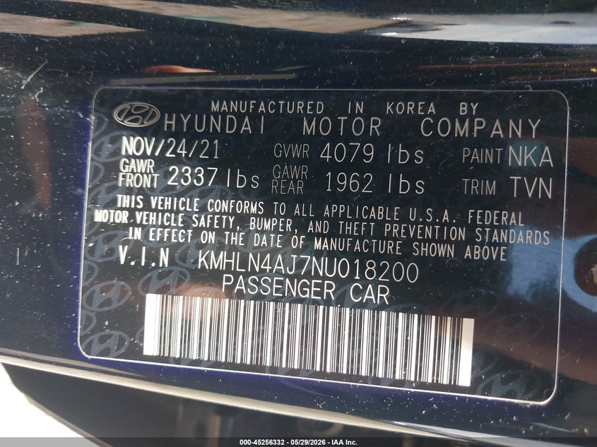 2022 Hyundai Elantra VIN KMHLN4AJ7NU018200 IAAI salvage auction — REAR END, Salvage Title, sold $5,700 on 2026-07-22 (photo 9)