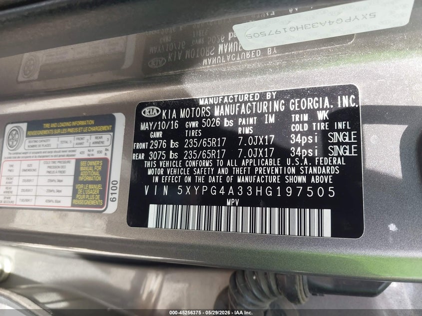 2017 Kia Sorento VIN 5XYPG4A33HG197505 IAAI salvage auction — FRONT END, Salvage Title, sold $1,500 on 2026-07-06 (photo 9)