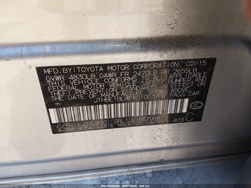 2015 Lexus VIN JTHBE1BL4FA010037 IAAI salvage auction — FRONT END, Salvage Title, sold $4,150 on 2026-07-09 (photo 9)