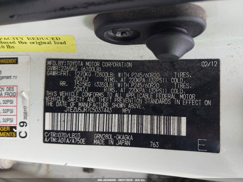 2012 Toyota 4runner VIN JTEZU5JR7C5037443 IAAI salvage auction — Burn Interior, Salvage Title, sold $6,900 on 2026-07-09 (photo 9)