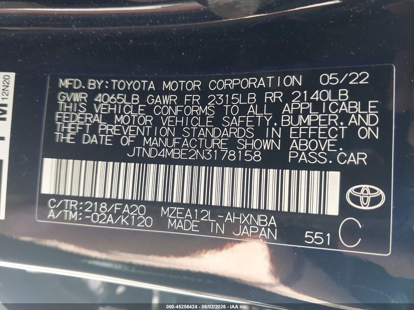 2022 Toyota Corolla VIN JTND4MBE2N3178158 IAAI salvage auction — LEFT FRONT, Salvage (Indiana), sold $2,800 on 2026-07-09 (photo 9)