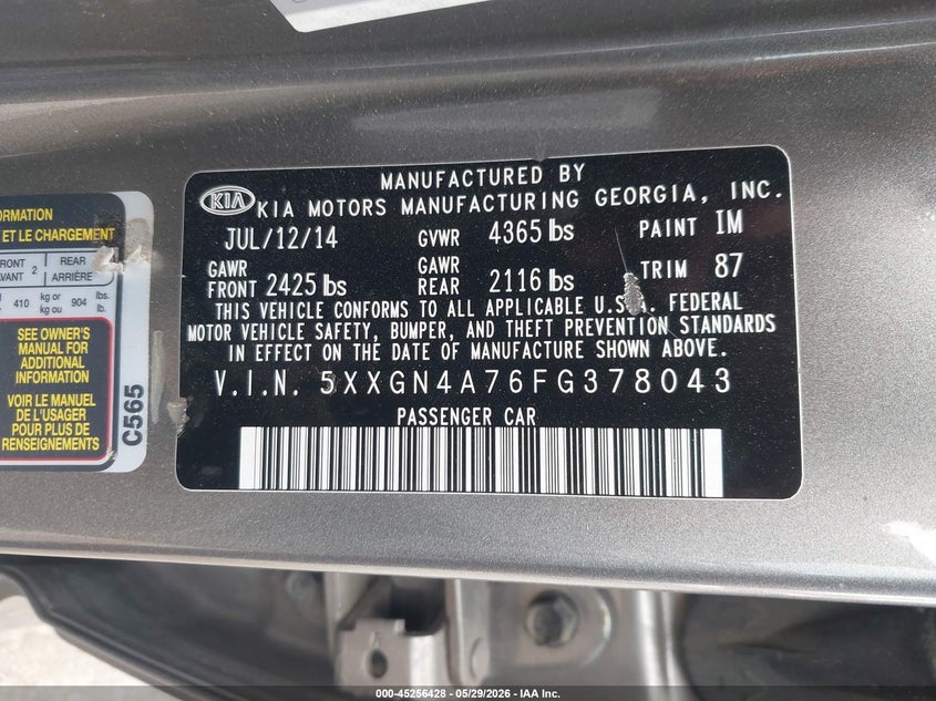 2015 Kia Optima VIN 5XXGN4A76FG378043 IAAI salvage auction — NORMAL WEAR, Clear - Dealer Only (California), sold $375 on 2026-07-07 (photo 9)
