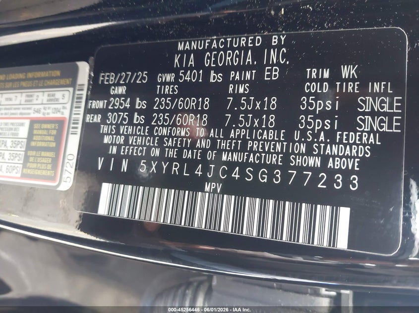 2025 Kia Sorento VIN 5XYRL4JC4SG377233 IAAI salvage auction — FRONT END, Salvage Title, sold $10,500 on 2026-08-26 (photo 9)