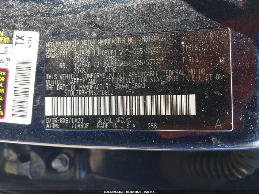 2022 Toyota Highlander VIN 5TDLZRBH1NS210802 IAAI salvage auction — ALL OVER, Salvage (Pennsylvania), sold $11,800 on 2026-08-02 (photo 9)