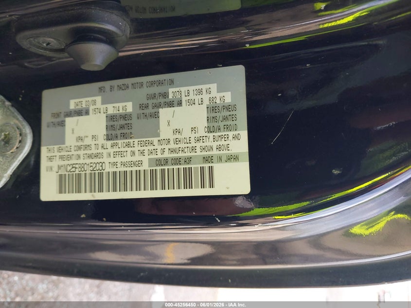 2008 Mazda Mx-5 VIN JM1NC25F880152030 IAAI salvage auction — NORMAL WEAR, Clear (Florida), sold $525 on 2026-07-06 (photo 9)