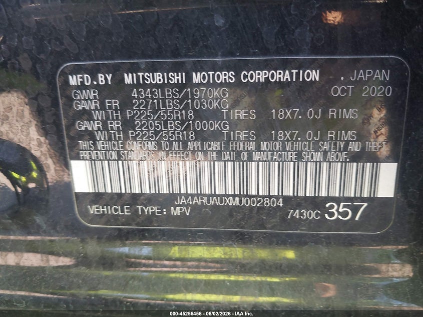 2021 Mitsubishi Outlander VIN JA4ARUAUXMU002804 IAAI salvage auction — VANDALISM, Salvage Title, sold $5,600 on 2026-07-17 (photo 9)