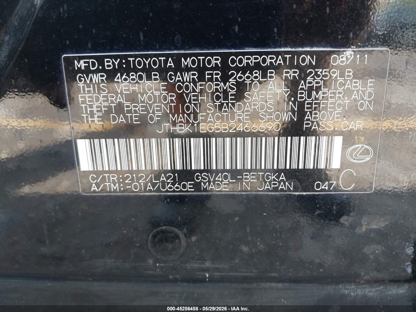 2011 Lexus Es 350 VIN JTHBK1EG5B2466690 IAAI salvage auction — FRONT END, Rebuildable (Florida), sold $1,550 on 2026-07-27 (photo 9)