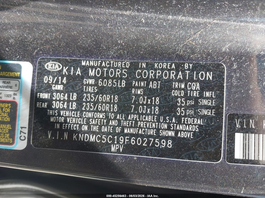2015 Kia SEDONA VIN KNDMC5C19F6027598 IAAI salvage auction — LEFT SIDE, Salvage Title, sold $1,900 on 2026-07-21 (photo 9)