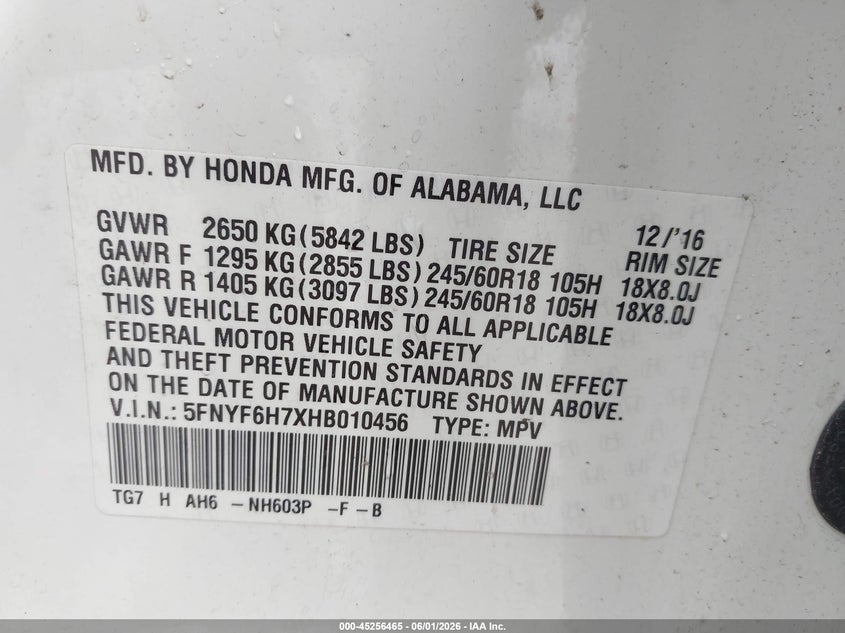 2017 Honda Pilot VIN 5FNYF6H7XHB010456 IAAI salvage auction — LEFT SIDE, Clear (Indiana), sold $7,300 on 2026-07-28 (photo 9)