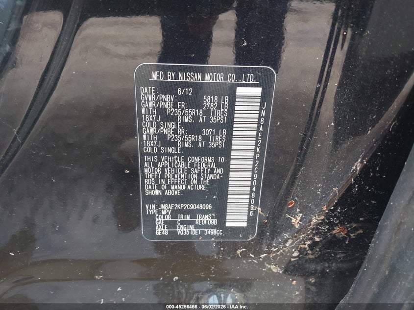 2012 Nissan Quest VIN JN8AE2KP2C9048096 IAAI salvage auction — NORMAL WEAR, Salvage Title, sold $525 on 2026-07-29 (photo 9)