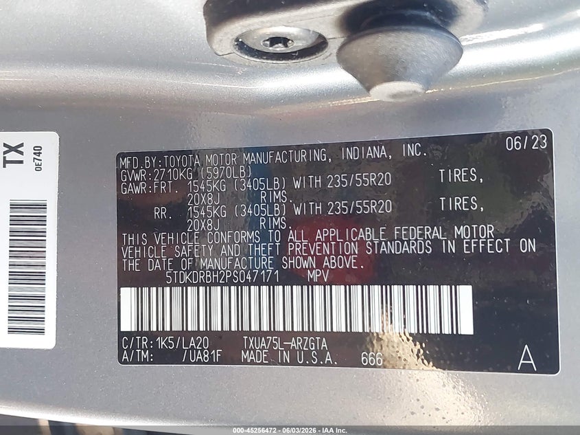 2023 Toyota Highlander VIN 5TDKDRBH2PS047171 IAAI salvage auction — FRONT END, Salvage Title, sold $8,200 on 2026-07-29 (photo 9)