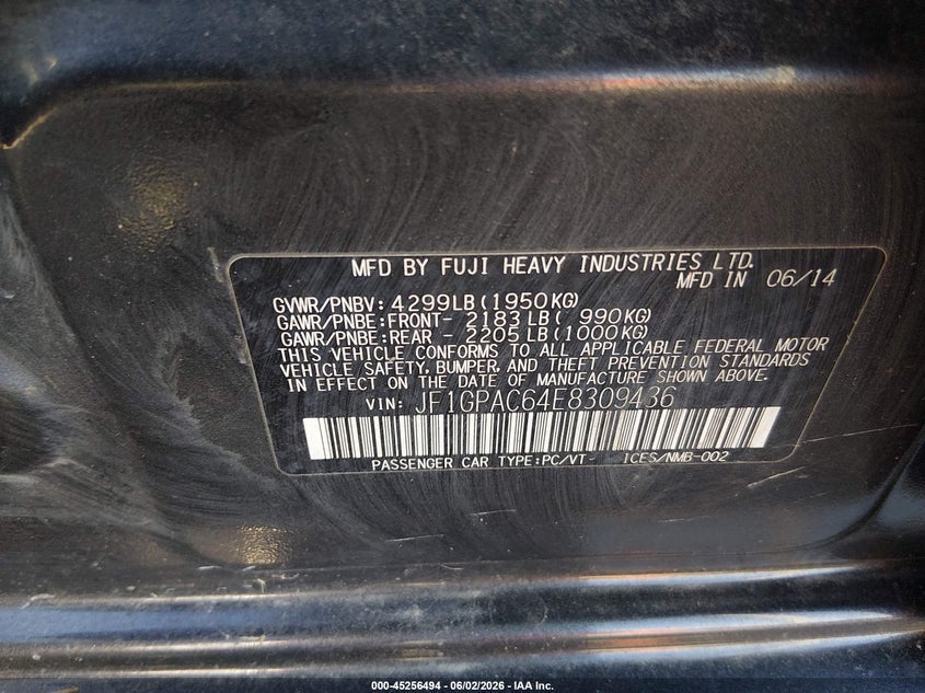 2014 Subaru Impreza VIN JF1GPAC64E8309436 IAAI salvage auction — RIGHT FRONT, Clear (Indiana), sold $725 on 2026-07-22 (photo 9)