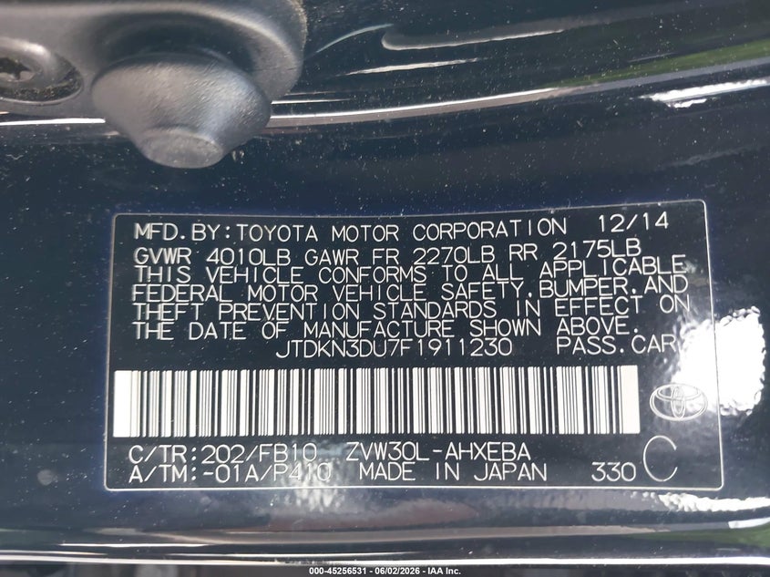 2015 Toyota Prius VIN JTDKN3DU7F1911230 IAAI salvage auction — UNKNOWN, Salvage Title, sold $2,525 on 2026-07-21 (photo 9)